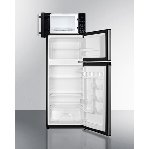 Mid-sized refrigerator-freezer in a stainless steel steel look and black microwave with built-in allocator, with brackets included (ships in 3 boxes on one pallet)