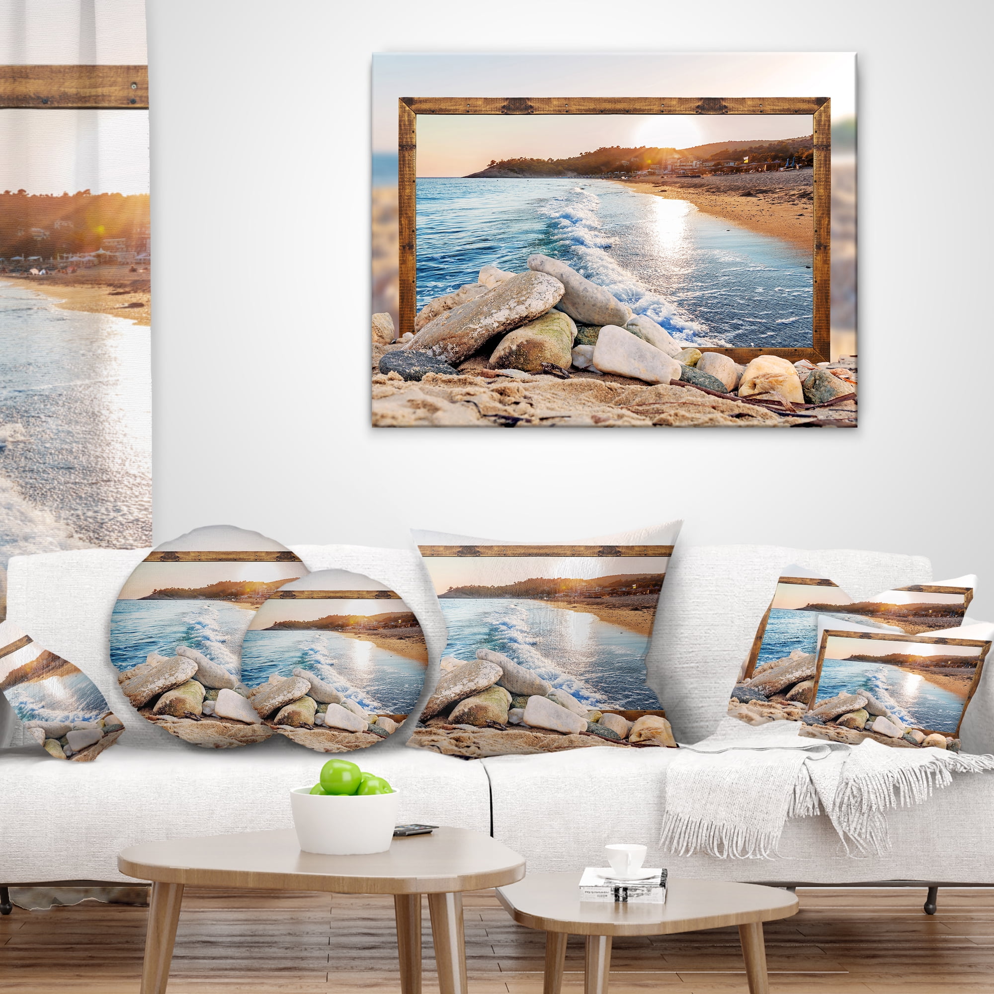 Designart Framed Effect Rocky Beach - Seashore Throw Pillow - 16x16