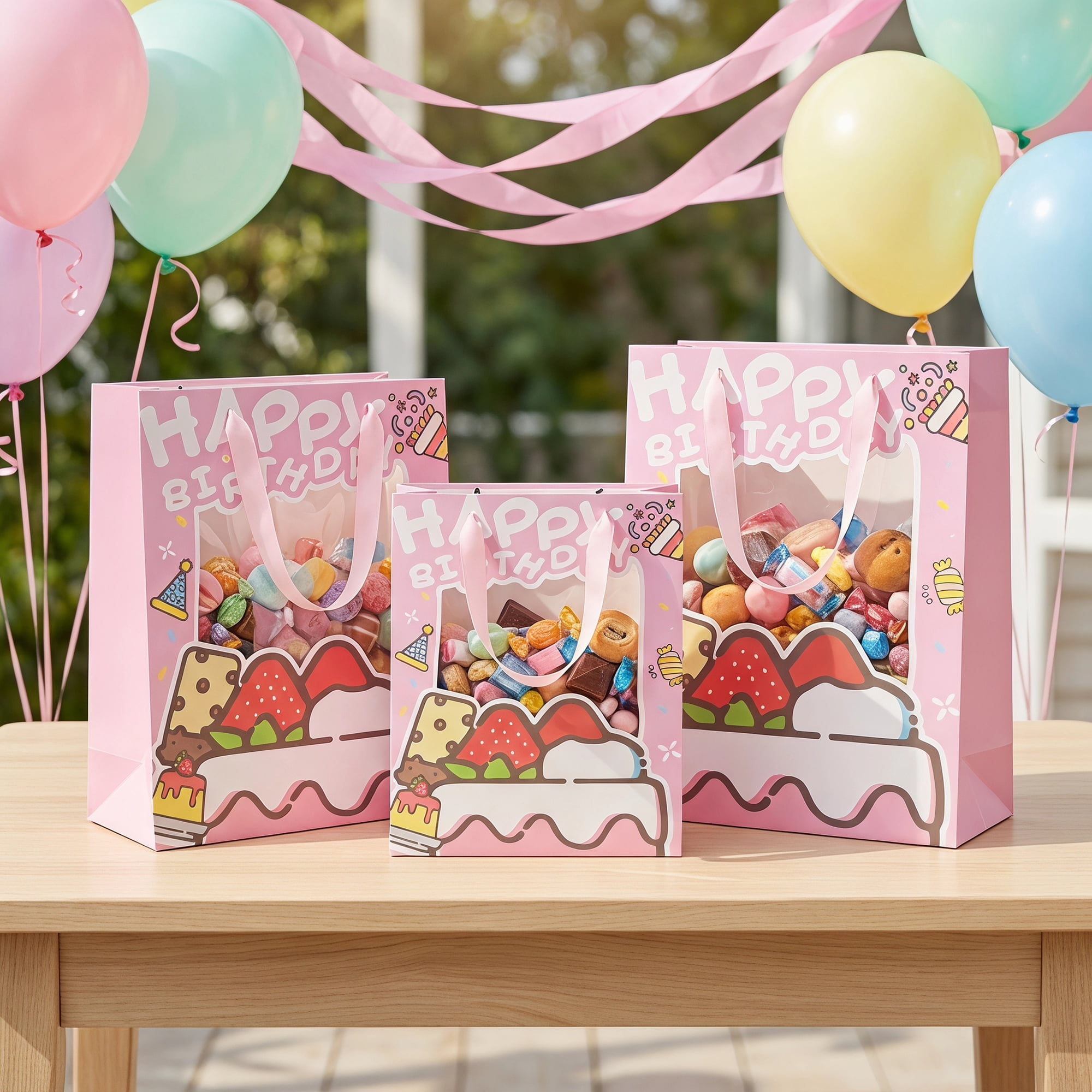 Unique Bargains 6Pcs Colorful Cartoon Gift Bags Pink 9.8" x 4.7" x 13"