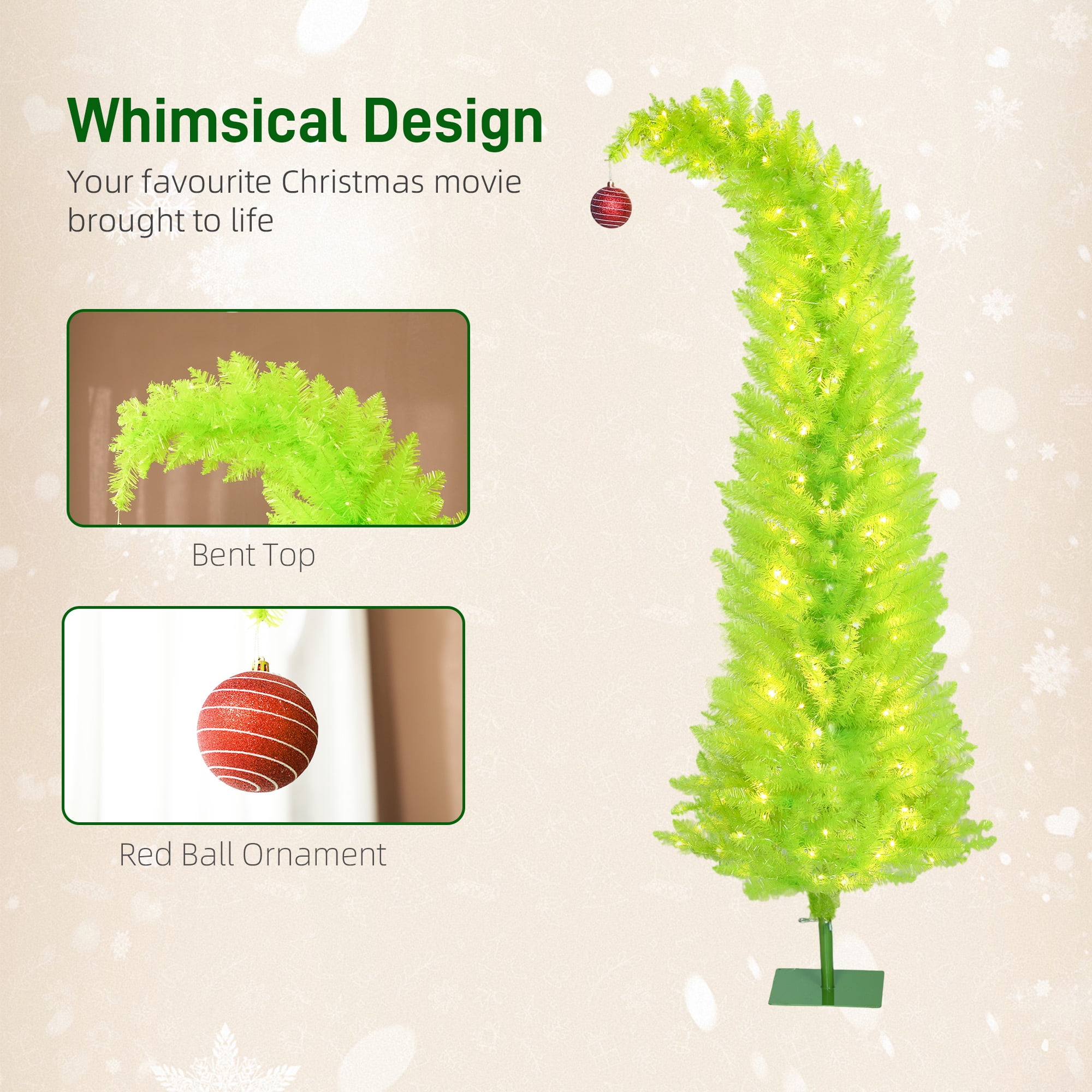 Astoutdoor 6 ft Whimsical Christmas Tree with 230 Warm White LEDs, 555 Tips, Slim Pencil Shape, Green