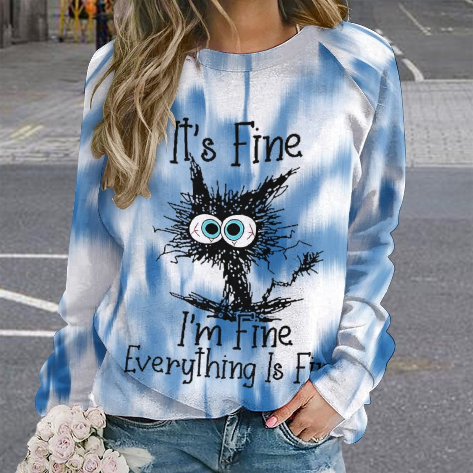ZOCAVIA Women's Funny Sweatshirts Hoodies Black Cat Tie Dye Marble Plus Size Tops Pullover Tops Blouse Shirt