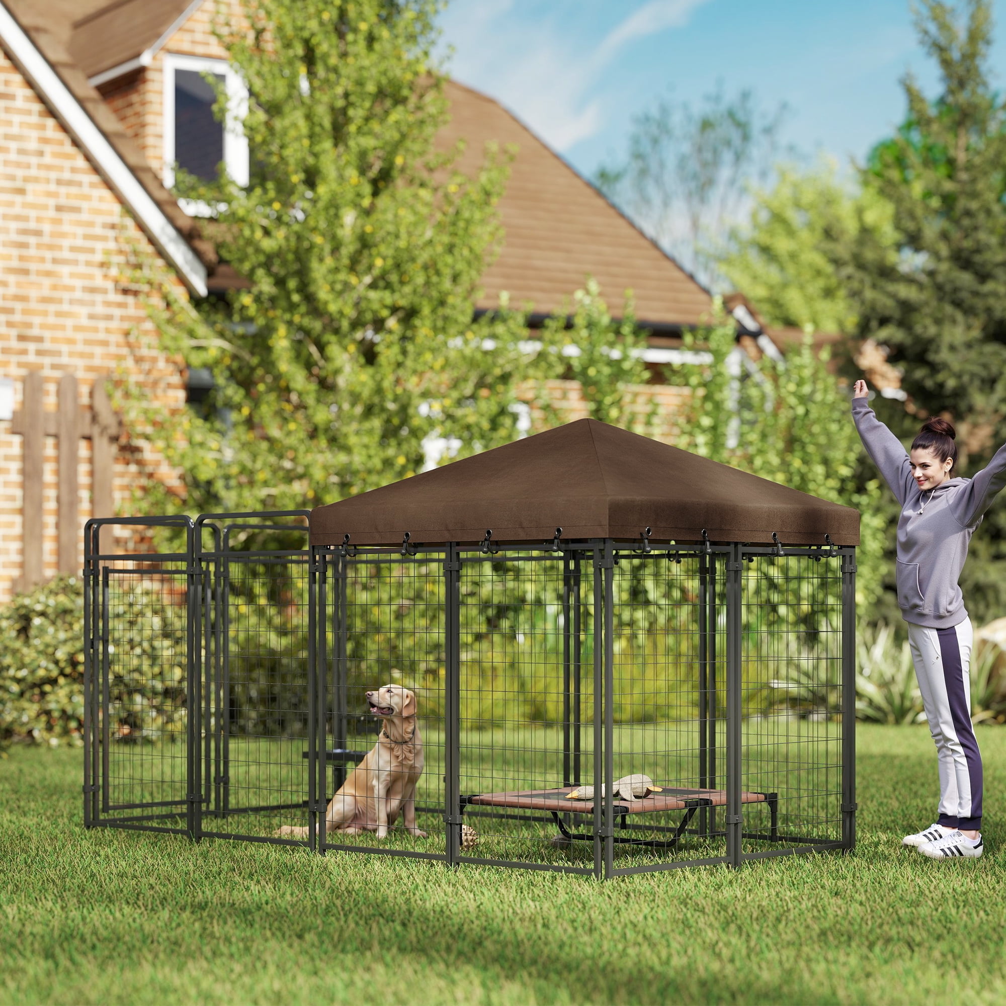 PawHut Dog Kennel Outdoor with Waterproof Canopy, Galvanized Chain Link, for Backyard and Patio, Large and Medium Sized Dog, 9.3' x 4.6' x 5.2'