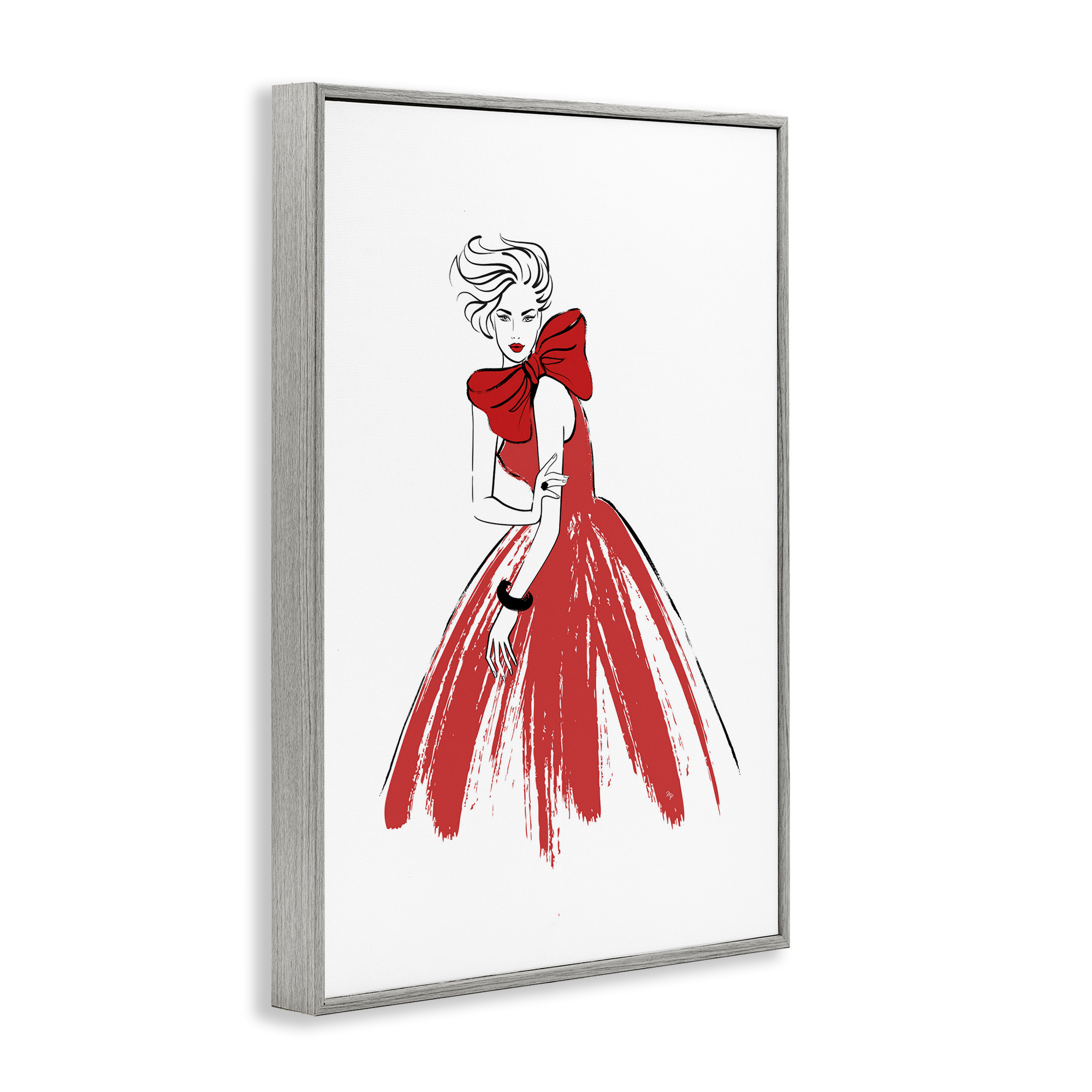 Stupell Industries Lady & Red Bow Dress Novelty Painting Gray Framed Art Print Wall Art, 12 x 18