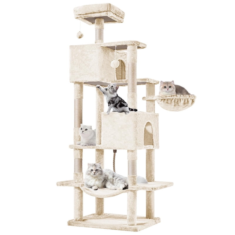 Kelno 66" Cat Tree Tower Durable Cat Climbing Tower with Sisal Scratching Posts Cozy Condo Hammock and Platforms, Beige
