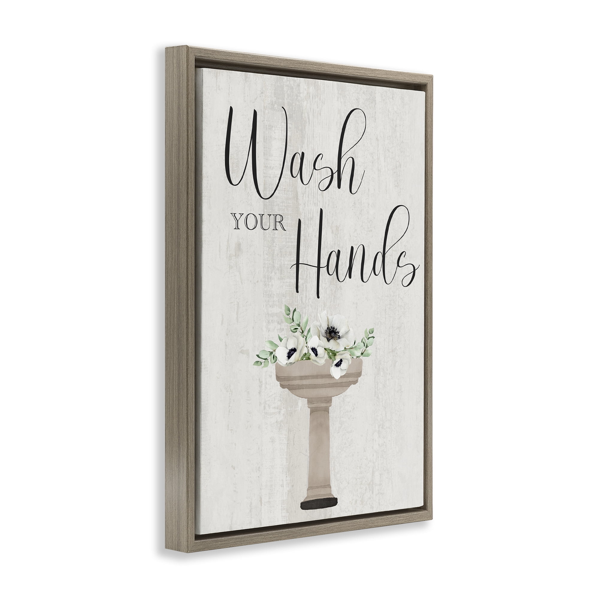 Stupell Industries Wash Your Hands Poppies Bath & Laundry Painting Brown Floater Framed Canvas Art Print Wall Art, 17 x 25