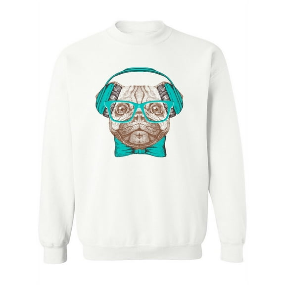 Hipster Pug Blue Headphones Sweatshirt Women -Image by Shutterstock, Female 4X-Large