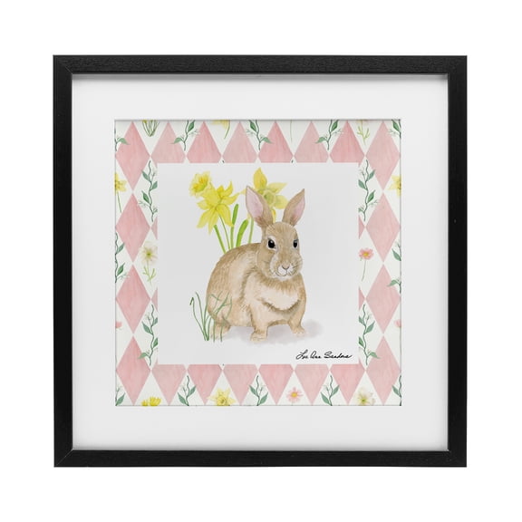 Bunny on Pink Argyle Black Framed Print Under Glass, design by Lee Ann Sanders
