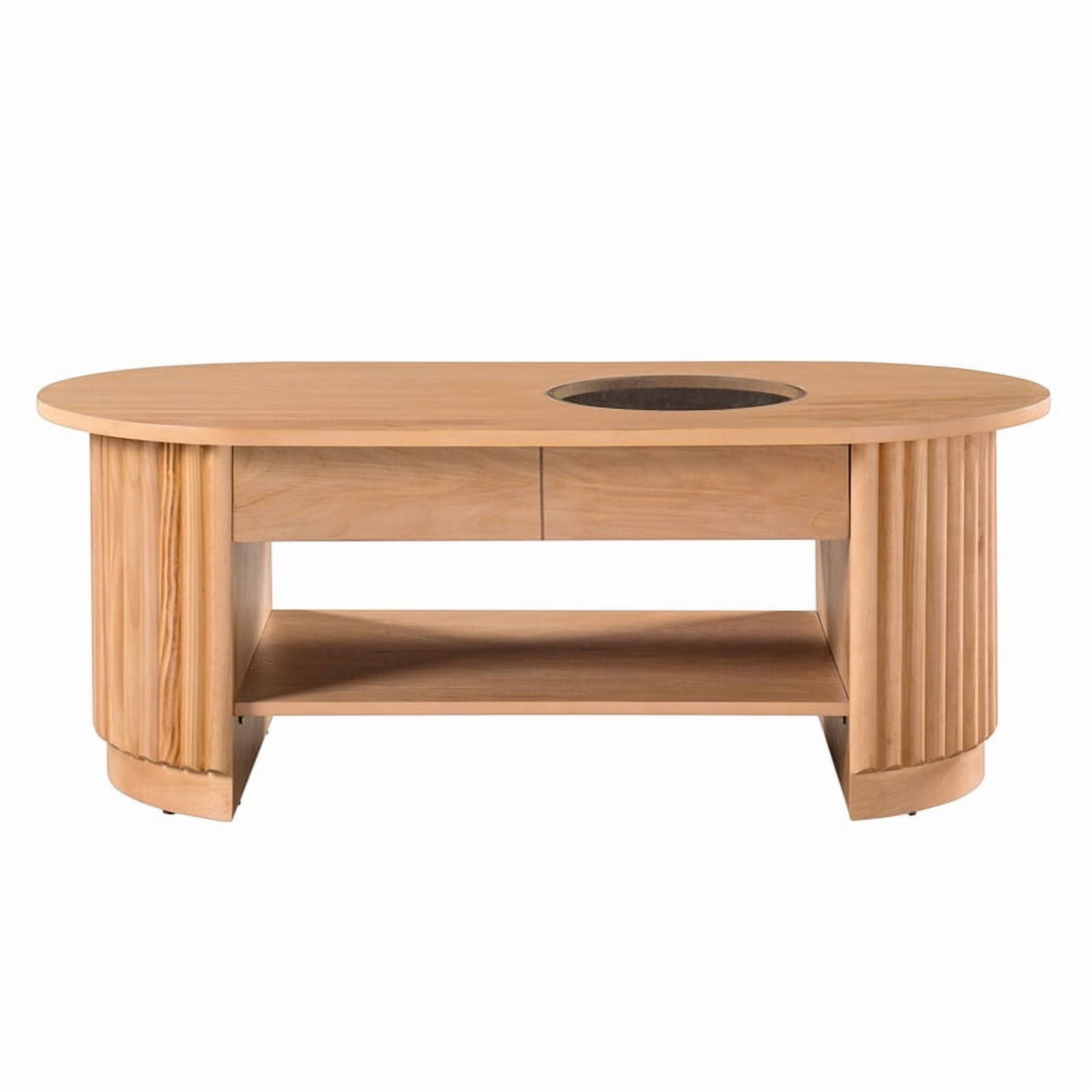 Mid-Century Modern Oval Coffee Table with Drawers & Tempered Glass Inset Top, 2-Tier Fluted Center End Table with Open Shelf
