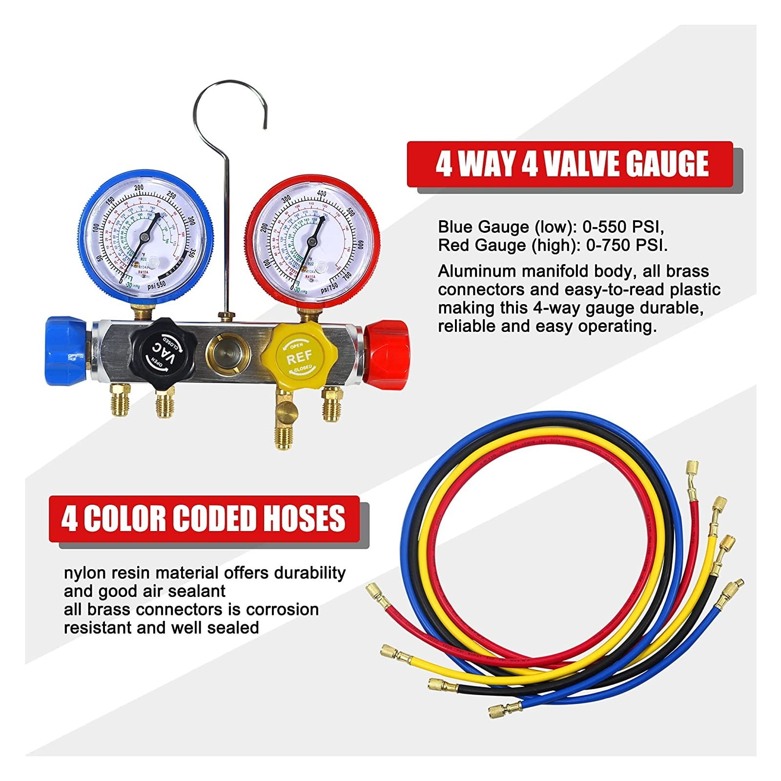 4 Way AC Manifold Gauge Set HVAC Diagnostic Freon Charging Tool For Auto Household R134A R22 R410A 5FT Hose Quick Coupler