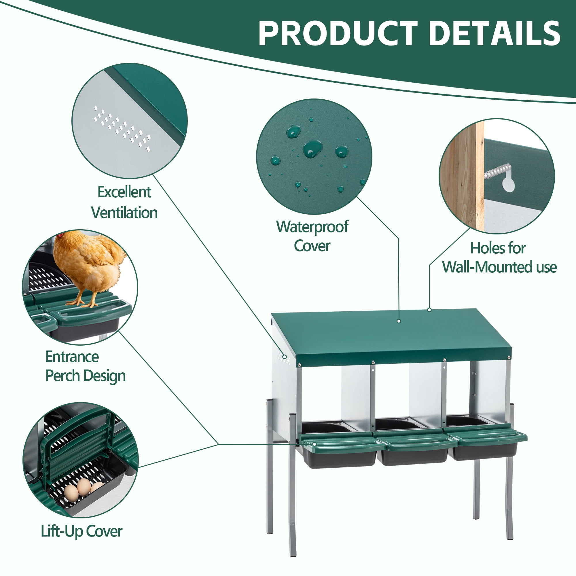 3-Hole Chicken Nesting Boxes with Legs & Lid Cover, Galvanized Steel Alloy Chicken Laying Box, Gravity Roll Egg Design, Green Poultry Nest Box for Outdoor Coop Farm Yard
