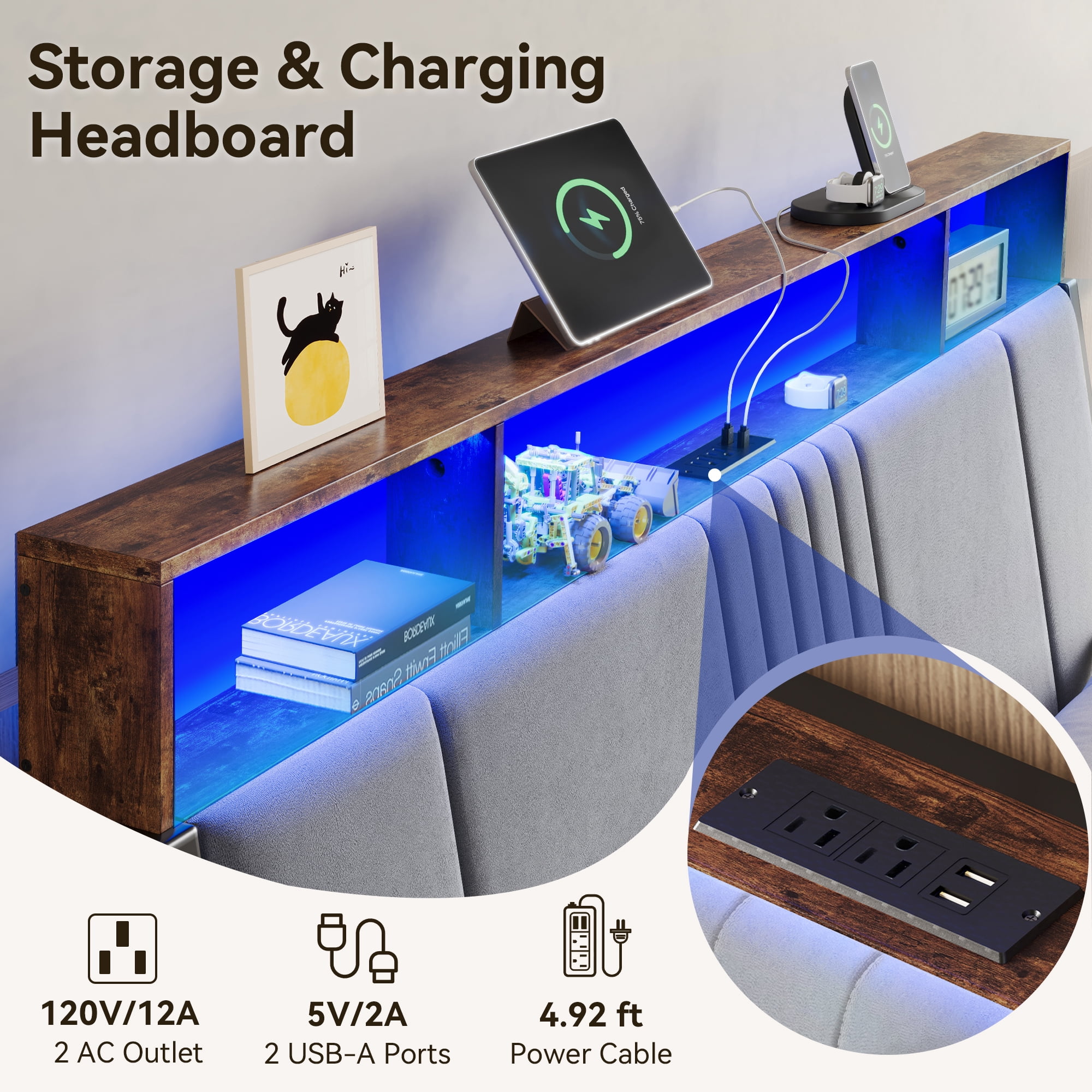 Sailvan Full Size Bed Frame with LED Lights Headboard, Full Bed Frame with Storage & USB Charging, Cushion, Metal Platform Bed Full, No Box Spring Needed, Easy Assembly, Gray