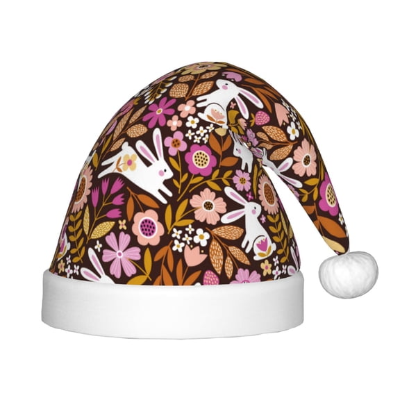 Honeii Flower Bunny Print Hat Santa Claus Hat For Xmas Party, Christmas Caps For Boys Girls Child,Christmas Beanie