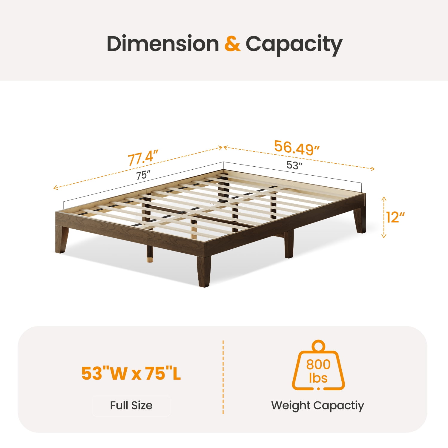EOP Full Size Bed Frame, Solid Wood Bed Frame with Under Bed Storage, Platform Bed Frame with Wooden Slats, No Box Spring Required, Espresso