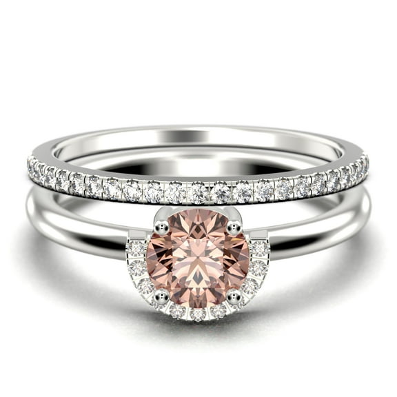 Fairy Minimalist 1.75 Carat Round Cut Morganite And Diamond Moissanite Engagement Ring Wedding Ring, One Matching Band in 10k Solid White Gold Shank, Gift For Her, Anniversary Ring, Bridal Set