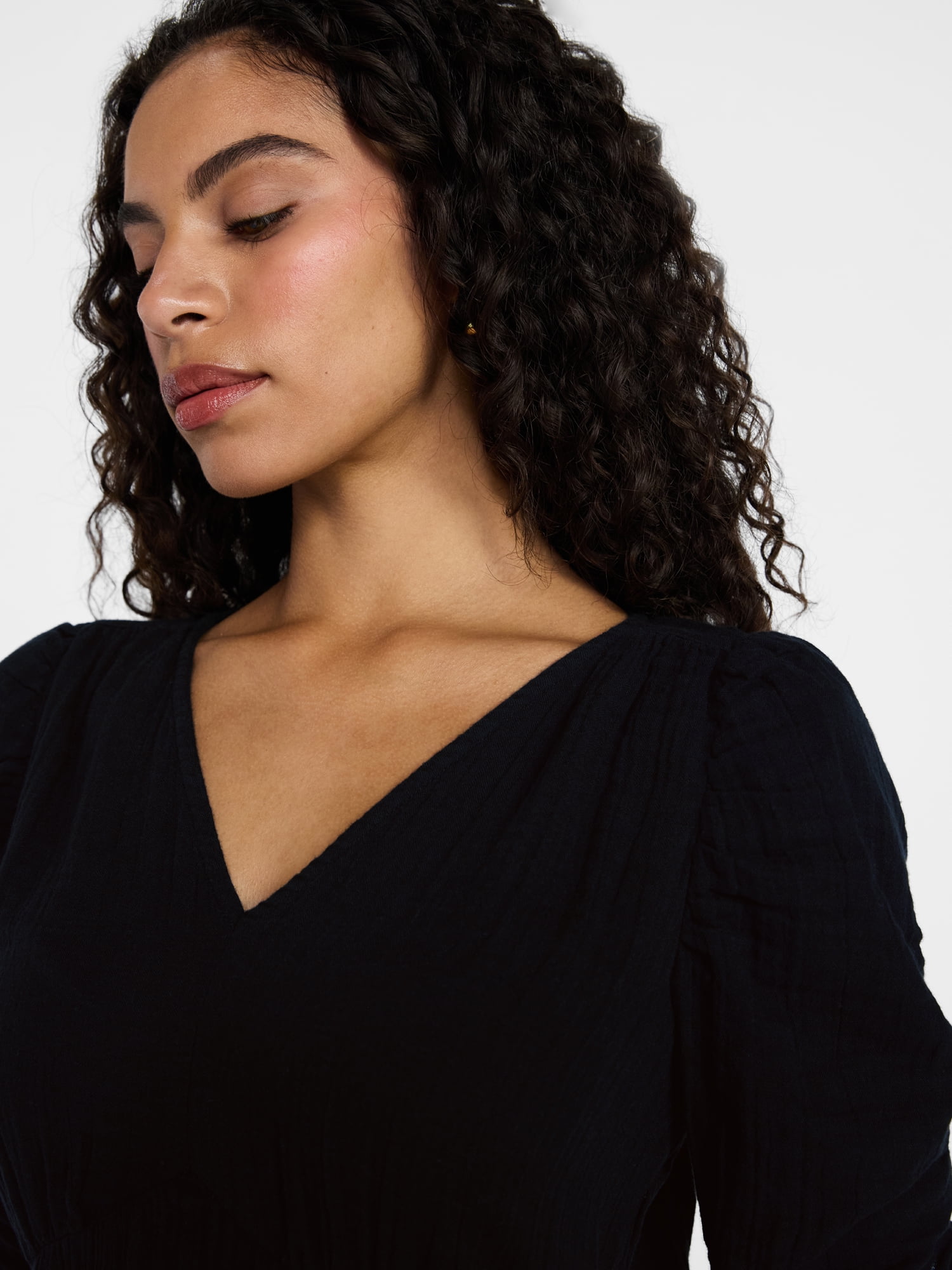 Time and Tru Women's Cotton Tiered Midi Dress with Elbow Length Sleeves, Sizes XS-XXXL