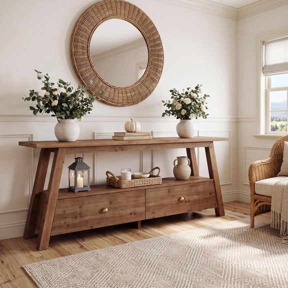 Finmind 63" Solid Wood Console Table with Drawers, 2-Tier Entryway Table for Living room, Hallway