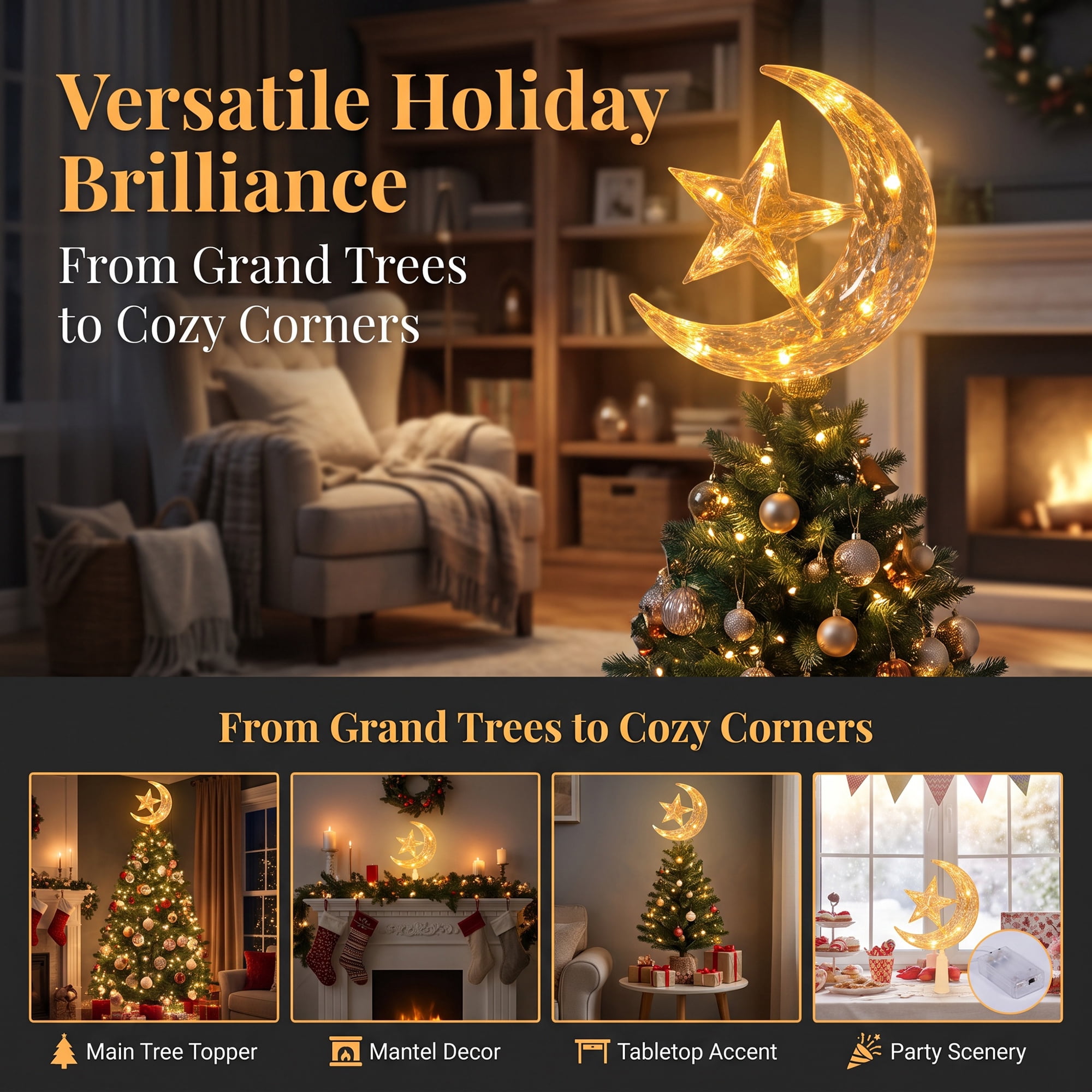 Unique Bargains Tree Finial Battery Operated Spring Mount Star Moon Warm White Lights 7.9"