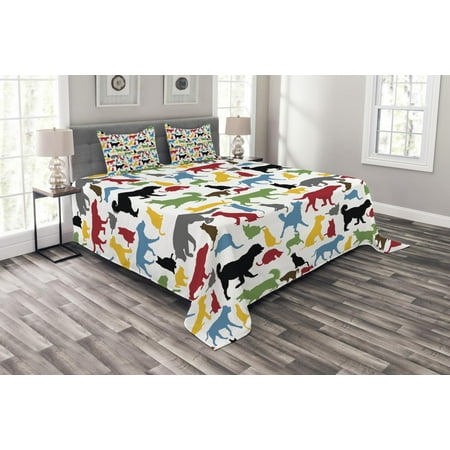Dog Bedspread Kids Bedspread Set, Colorful Cats and Dogs Animal Silhouettes Domestic Pets Cartoon Canine Characters, Decorative Quilted Coverlet Set with Pillow Shams Included, Multicolor, by Ambesonne ()