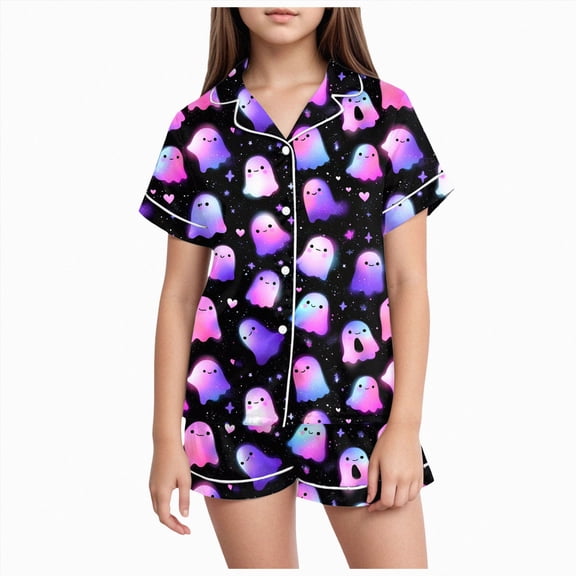 zuwimk Halloween Short Sleeve Pajamas Set For Kids Girls Bat Print Collared Tops And Shorts Pjs Set Loose Fit Casual Kids Halloween 2 Pces(Purple,4-5 Years)