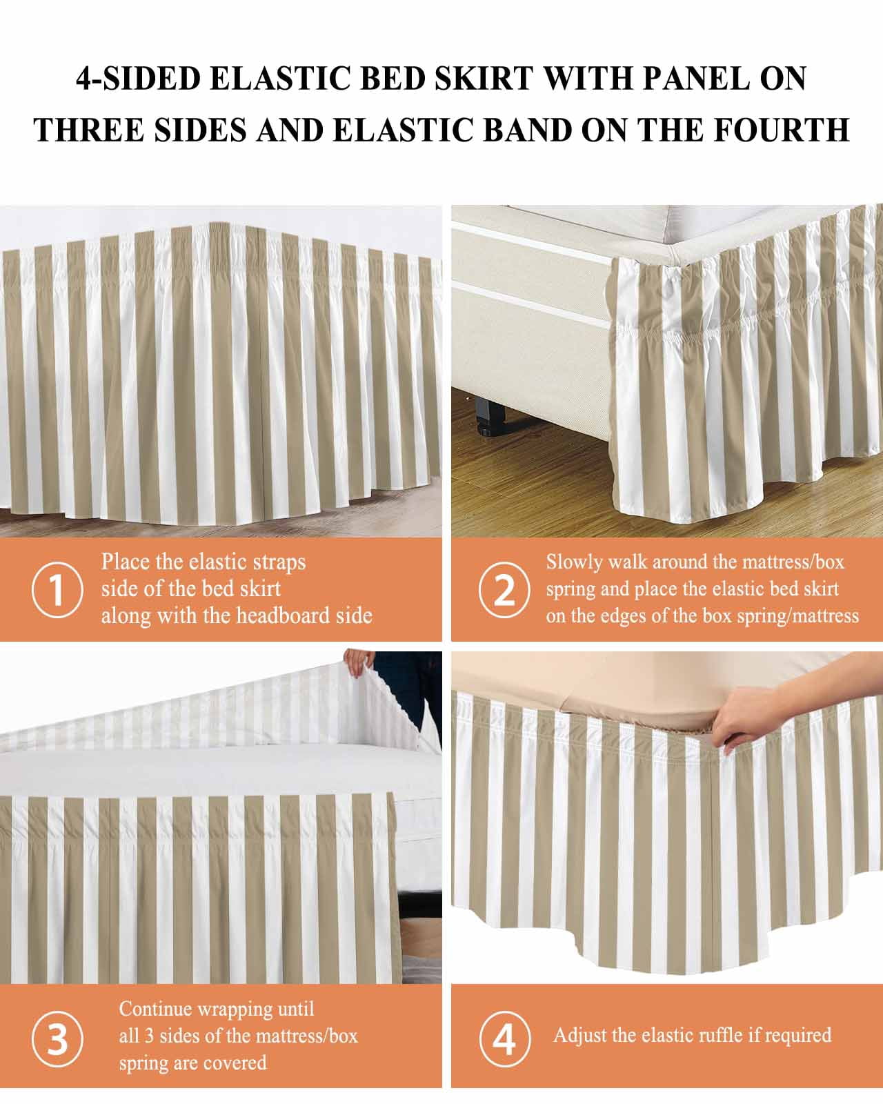 Beige Striped Bed Skirt Queen Size, Modern Farmhouse Beige White Stripes Wrap Around Bed Skirting with Adjustable Elastic Strap, Dust Ruffle Pleated Bedskirts 18 Inch Drop for Bedroom Queen Beds