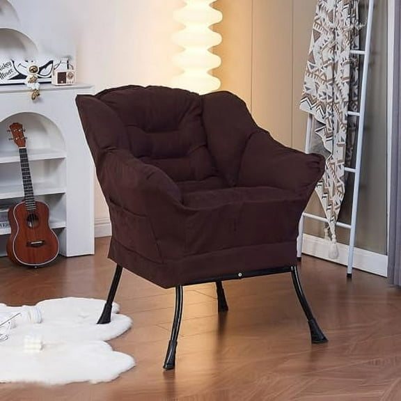 Modern Lazy Chair with Ottoman, Accent Contemporary Lounge Chair with Footrest, Upholstered Single Sofa Chair with Armrests and A Side Pocket, Steel Frame Reading Corner Chair (Bro