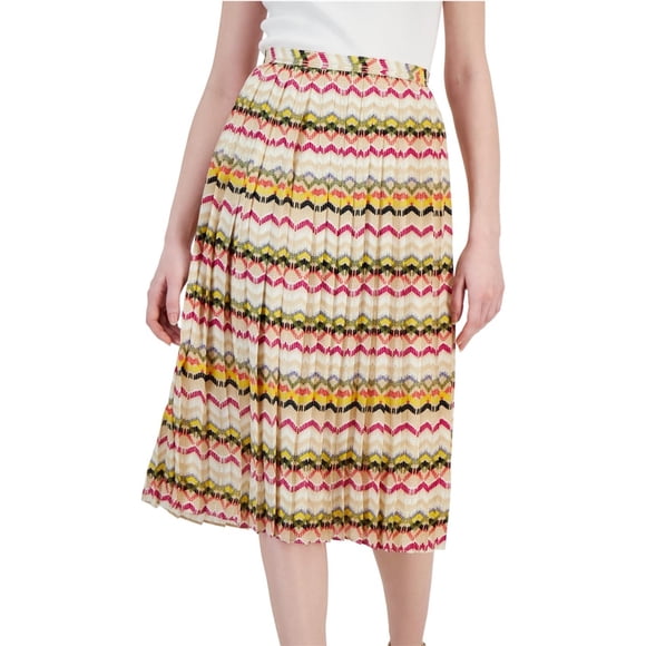Tahari Womens Printed Pleated Midi Skirt, beige, 14