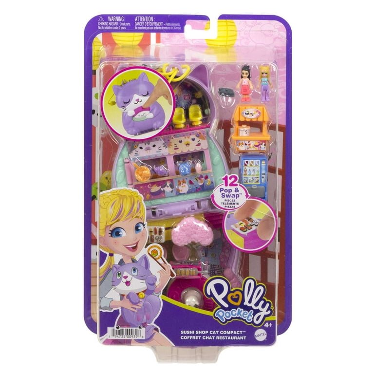 Polly Pocket Sushi Shop Cat Compact Playset with 2 Micro Dolls &  Accessories, Travel Toys