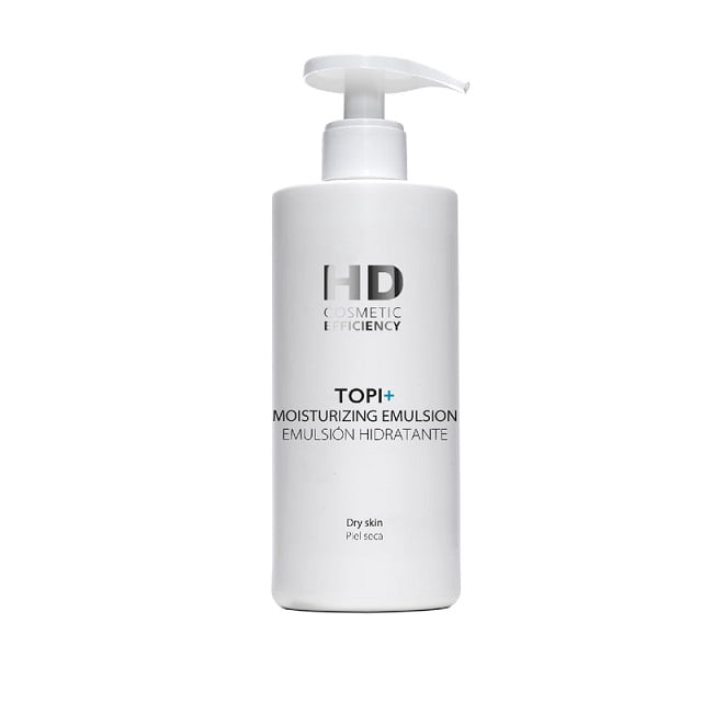 topi + emulsion hidratante 400 ml HD Cosmetics botella dispensador blanca, vista frontal centrada con texto de marca y leyenda 'Moisturizing Emulsion / Emulsión Hidratante' indicada para piel seca; crema corporal de 400 ml, adecuada también para uso diario en manos y cuerpo.