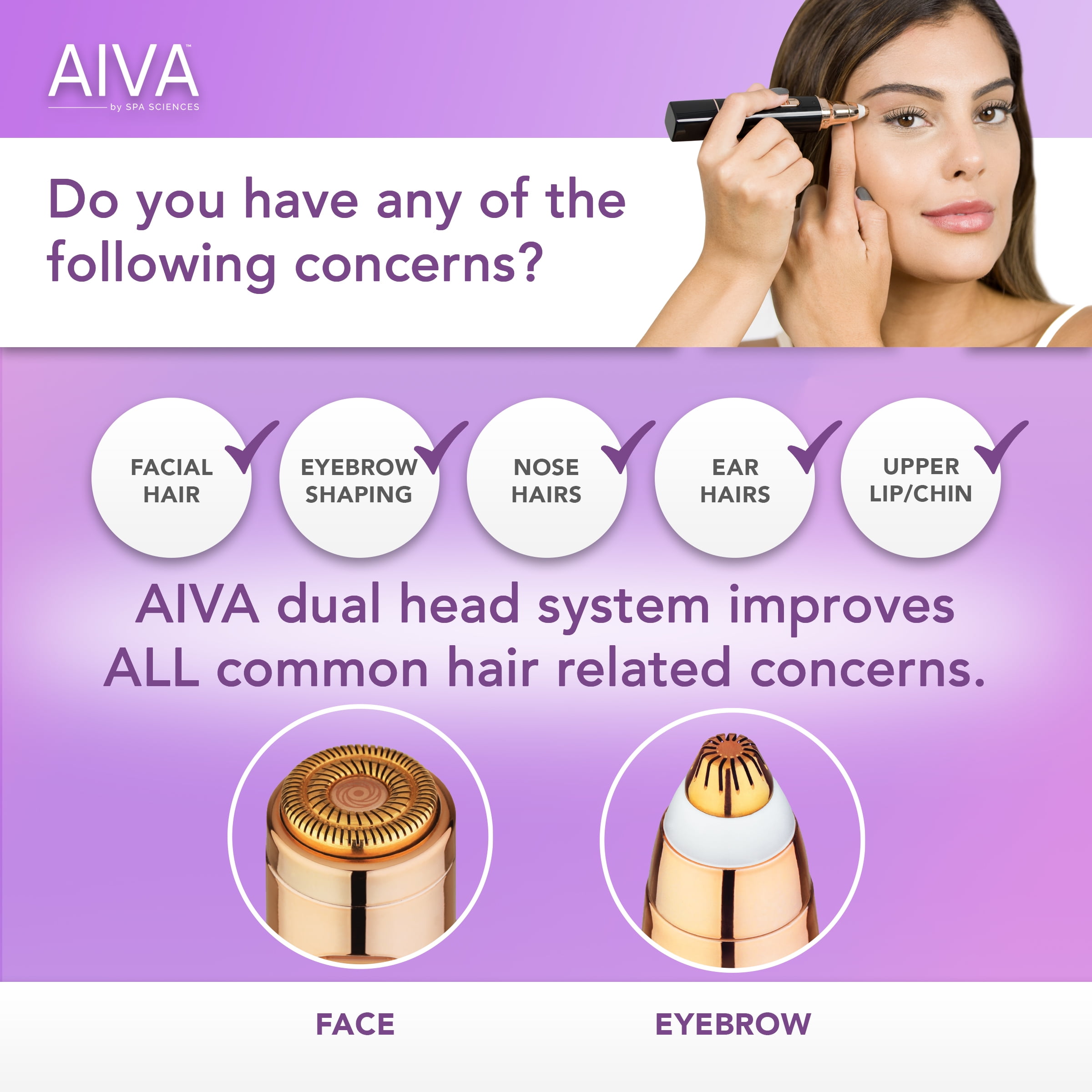 Spa Sciences - AIVA - The 2-in-1 Facial Hair Remover & Eyebrow Trimmer with Built-in LED Lights