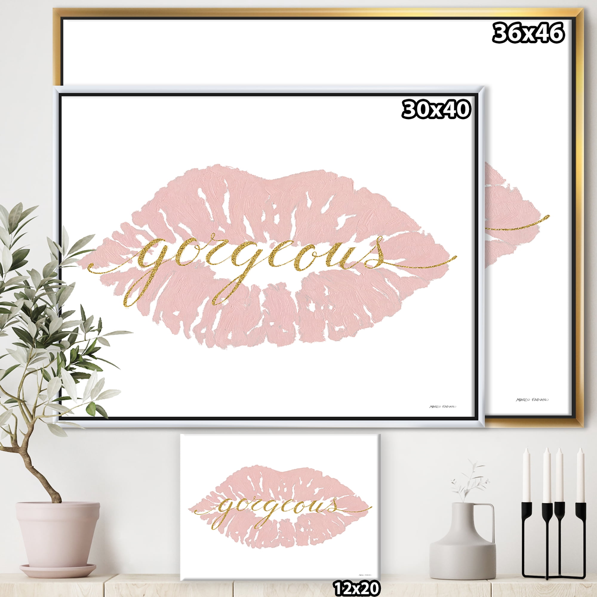 Designart ' fashion Glam Lips on Gold II ' Posh & Luxe Framed Canvas