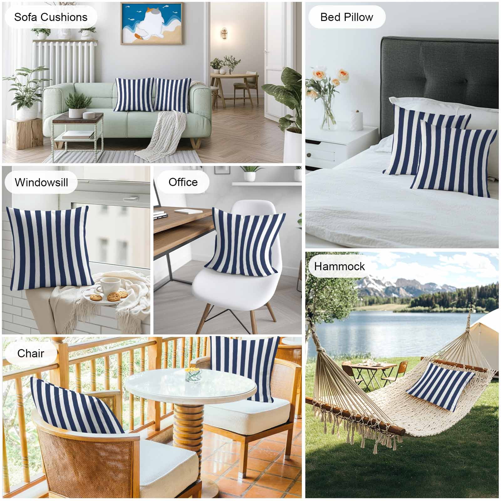 Throw Pillow Covers 24x24 Inch Set of 2, Navy Blue Striped Waterproof Outdoor Pillow Covers, Modern Farmhouse Blue White Stripes Decorative Cushion Pillowcases for Couch, Sofa, Bed, Garden, Patio