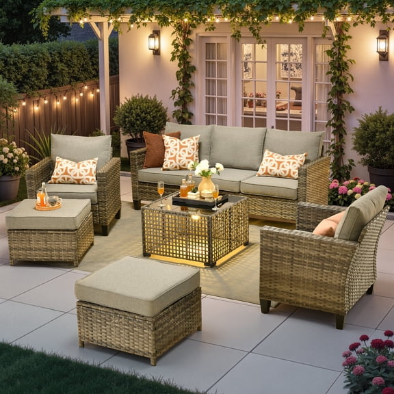 Ovios 6 Pieces Outdoor Patio Furniture Set Rattan Wicker Conversation Set Outdoor Sectional Sofa with Solar Light Coffee Table, Dark Gray