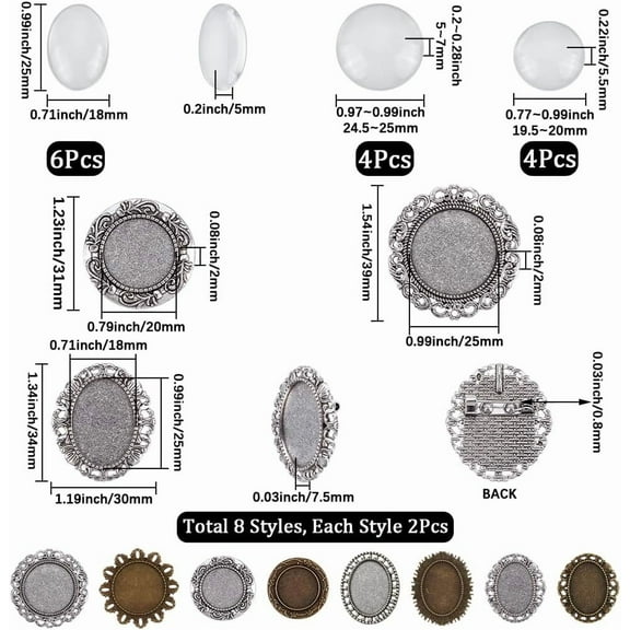 1 Box 16Pcs Brooch Making Kit Cabochon Brooch Wedding Boutonniere Cabochon Bezel Tray Lapel Pin Blanks Oval Half Glass Cabochons Blank Brooch Pins for Jewelry Making DIY Crafts Supplies