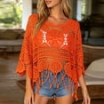 thumbnail image 3 of Boho Crochet Coverup Tops for Women Fringe Trim Hollow Out Beach Cover Up 3/4 Sleeve Scallop Bathing Suit Cover Up Summer Vacation, 3 of 9