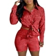 thumbnail image 3 of HVOBTTY Two Piece Sets for Women, Women's Fall Outfits Set, Women's Casual Vertical Striped Lightweight Shirt and Shorts with Patch Pockets 2 Piece Set Red, M, 3 of 5
