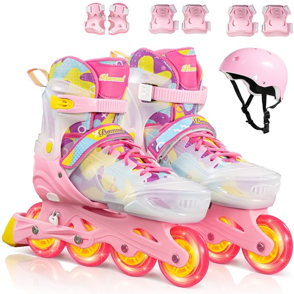 Patines Linea 4 Ruedas Little Monkey Luz Led Niños Y Adultos Talla Ajustable 18.6-21 cm con Kit Seguridad
