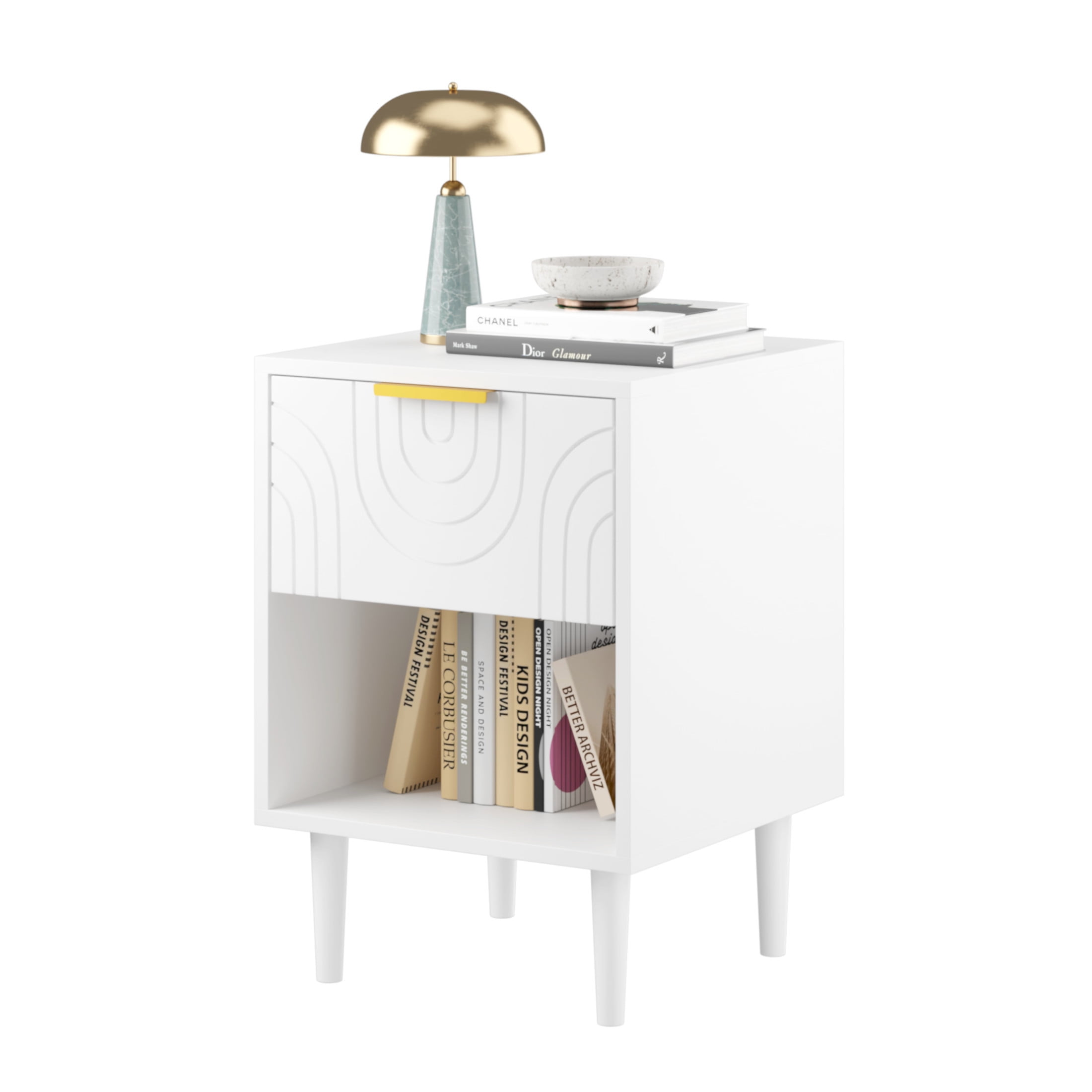 Noble House Larissa 22.83" Modern Nightstand with Drawer and Open Shelf, Gold Handle Bedside Table for Bedroom, White