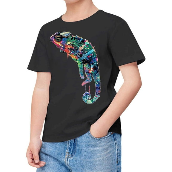 Boys Graphic Tees Kids Lizard Print Short Sleeve Round Neck Tee Girls Tops Black 3-4 Years