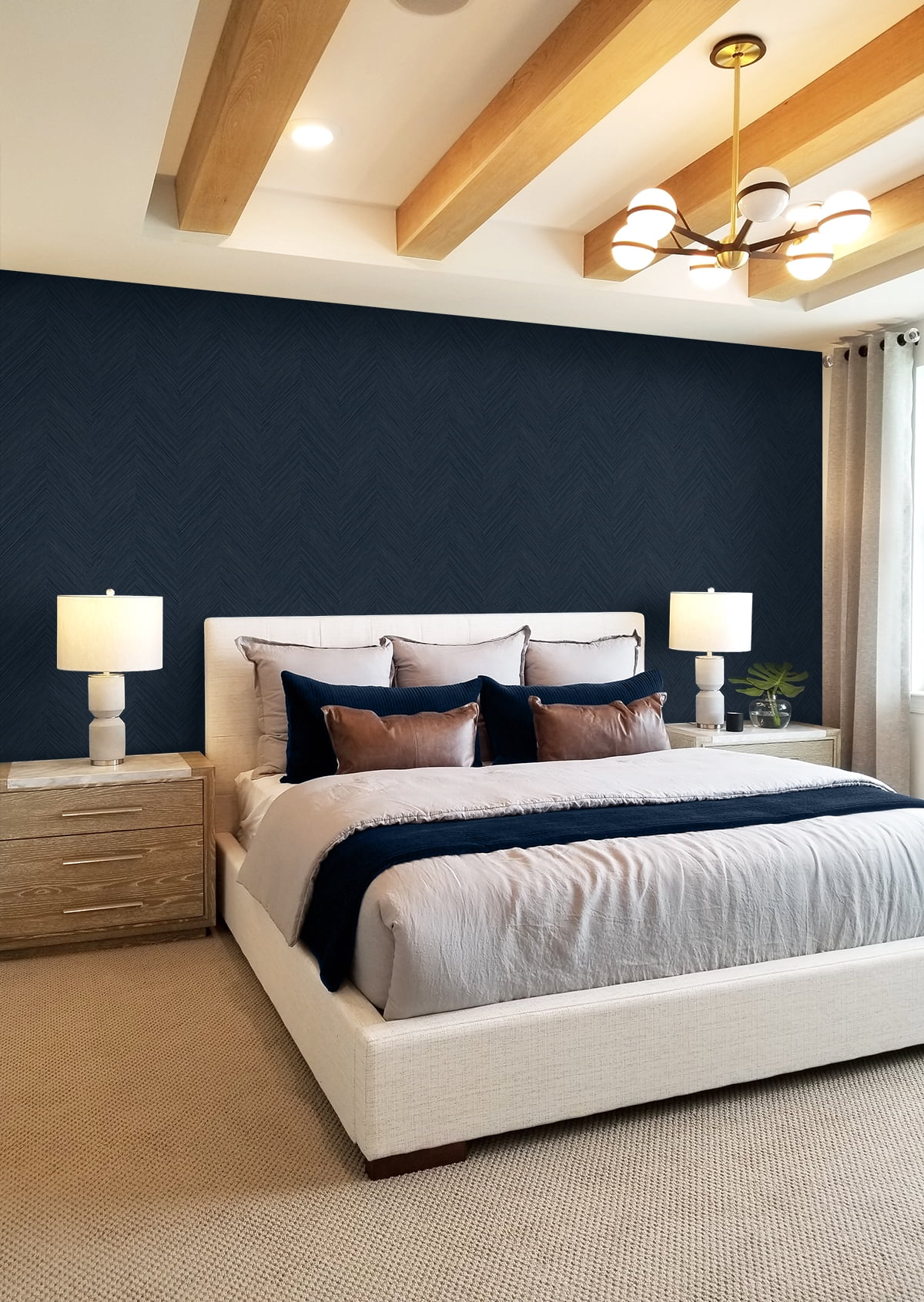 NextWall Dark Blue Chevron Stripe Peel and Stick Wallpaper