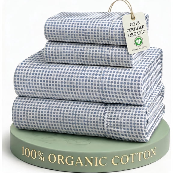 Full Size Organic Cotton Percale Sheet Set with Polka Dot Pattern in Blue