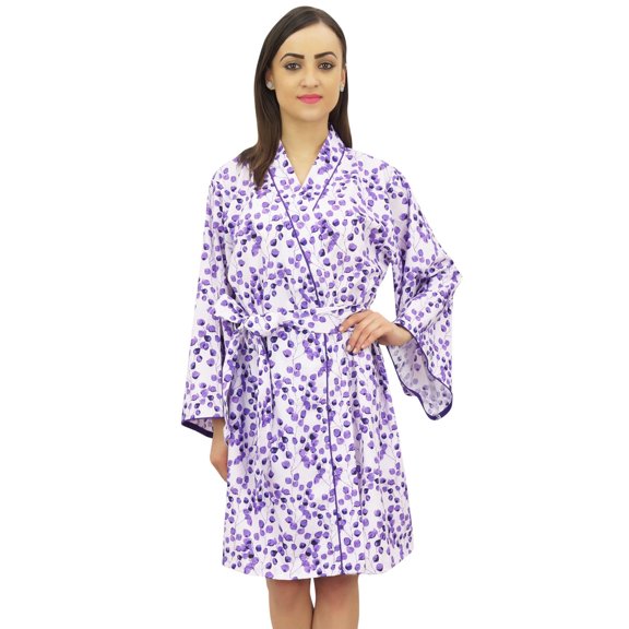 Bimba Women's Leaf Printed Purple Robe Bridesmaid Kimono Cover Up Wrap - 24