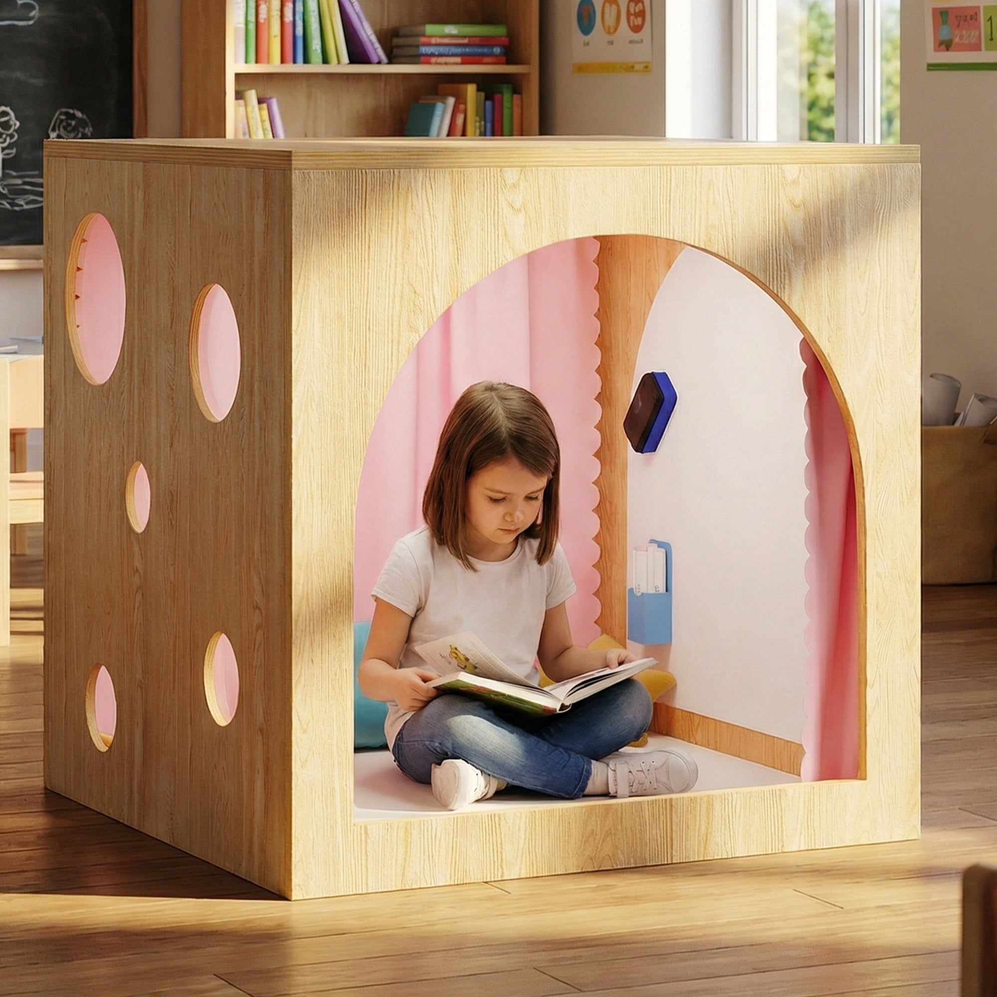 Advwin 30" Cozy Reading Cube with Curtains, Cushion Mat & Light, Wood Reading Nook Quiet Corner Playhouse with Whiteboard, Bookshelf & Acrylic Window Panel for Home School Classroom Daycare, Pink