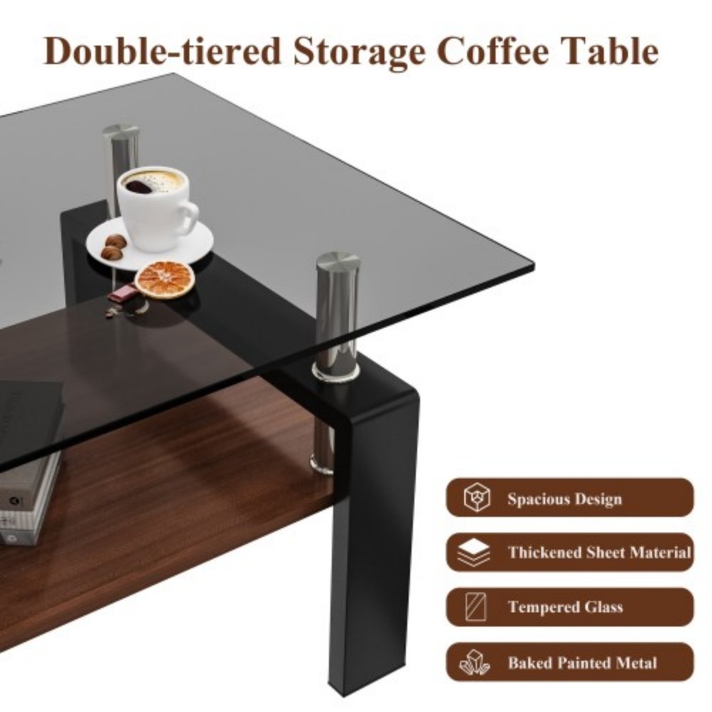 Rectangle Coffee Table, 39.2" Tempered Glass Tabletop with Grey MDF Storage Shelf and Iron Legs, Modern Clear Glass Center Table for Living Room, 220 lbs