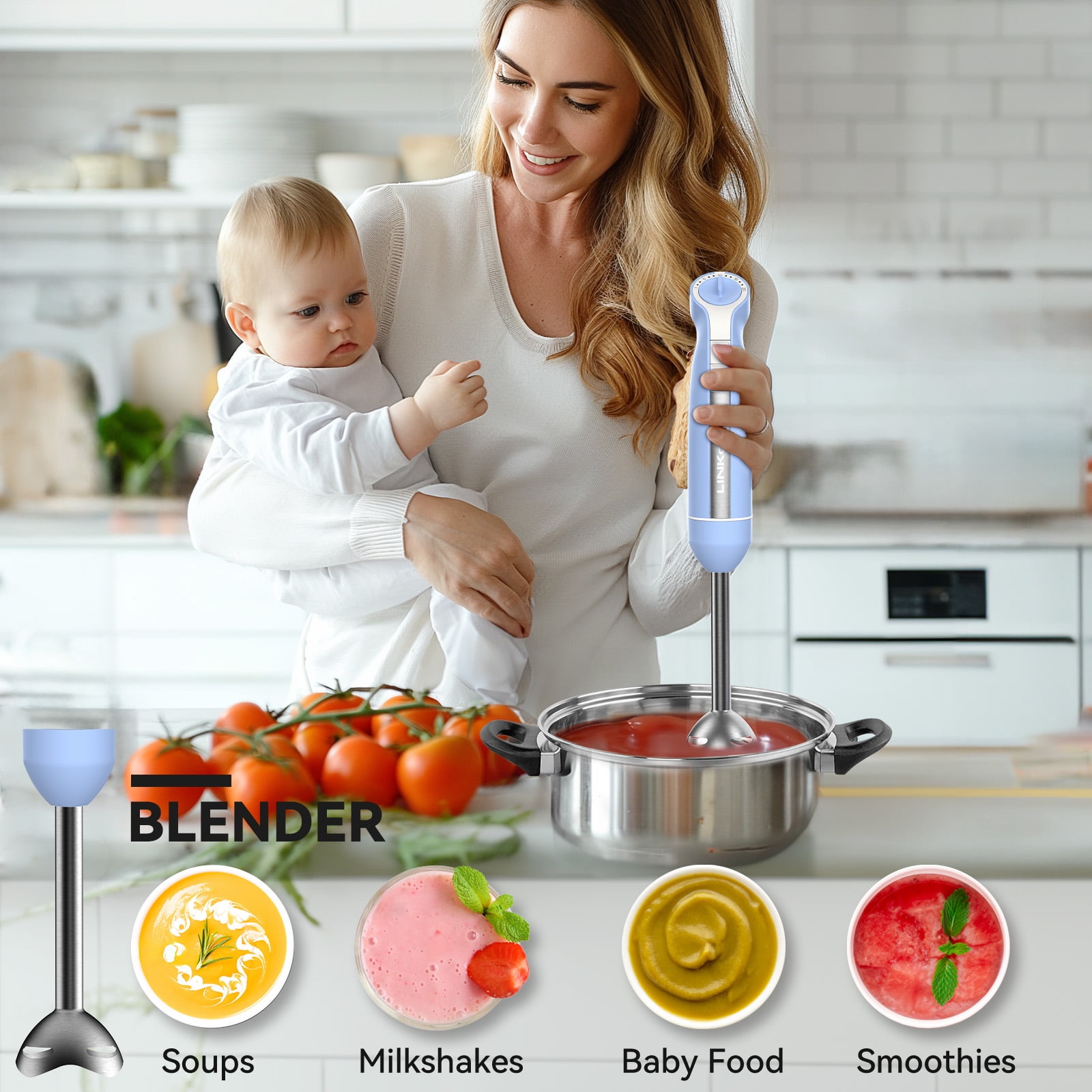 LINKChef Immersion Blender, 20Speed 1000W 5in1 Immersion Hand Blender, Stick Blender with Turbo Mode(图4)