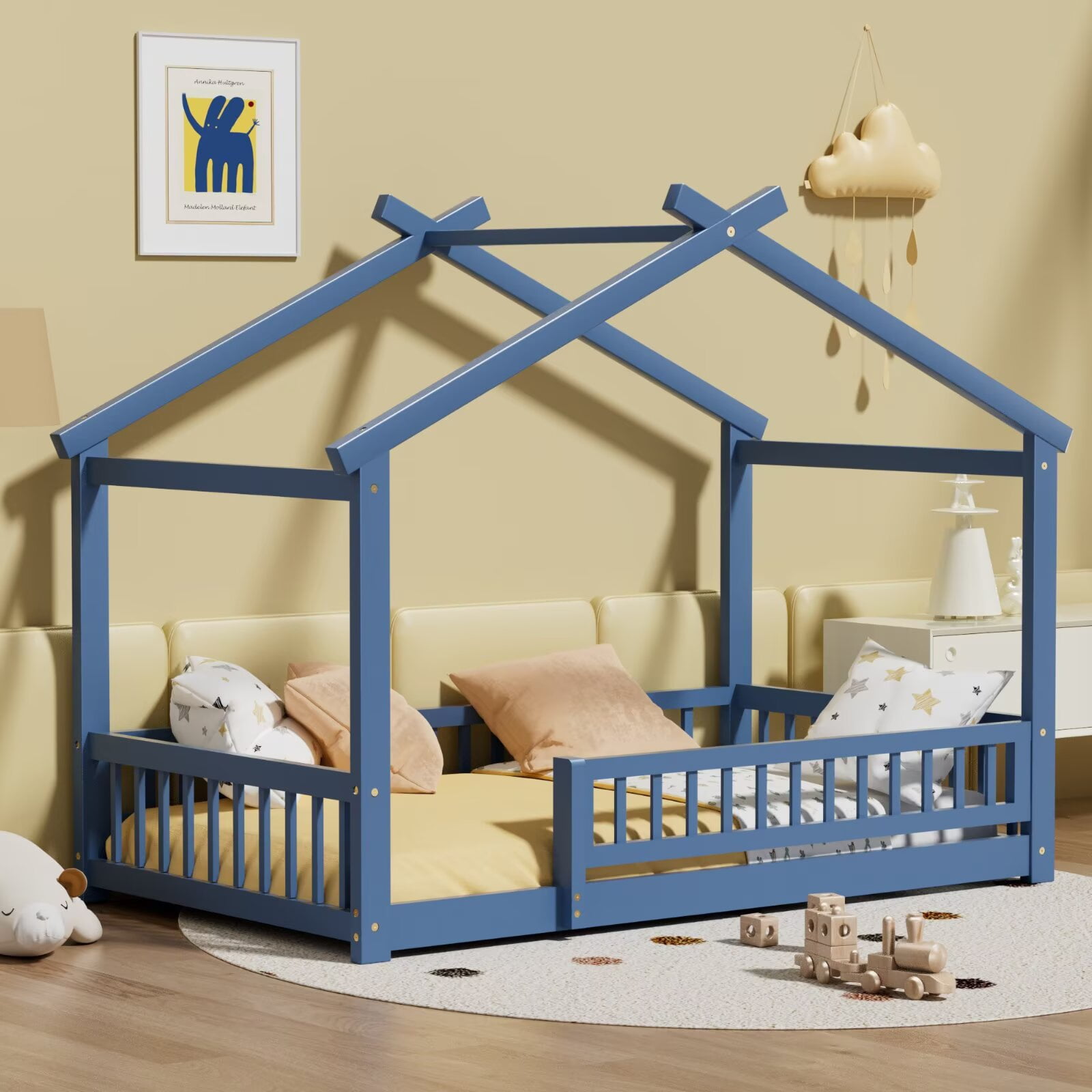 Twin Size House Bed with Fence, Wood Floor Bed with Roof, Montessori Bed Frame Playhouse Bed for Girls and Boys Bedroom, Easy Assembly, Mist Blue