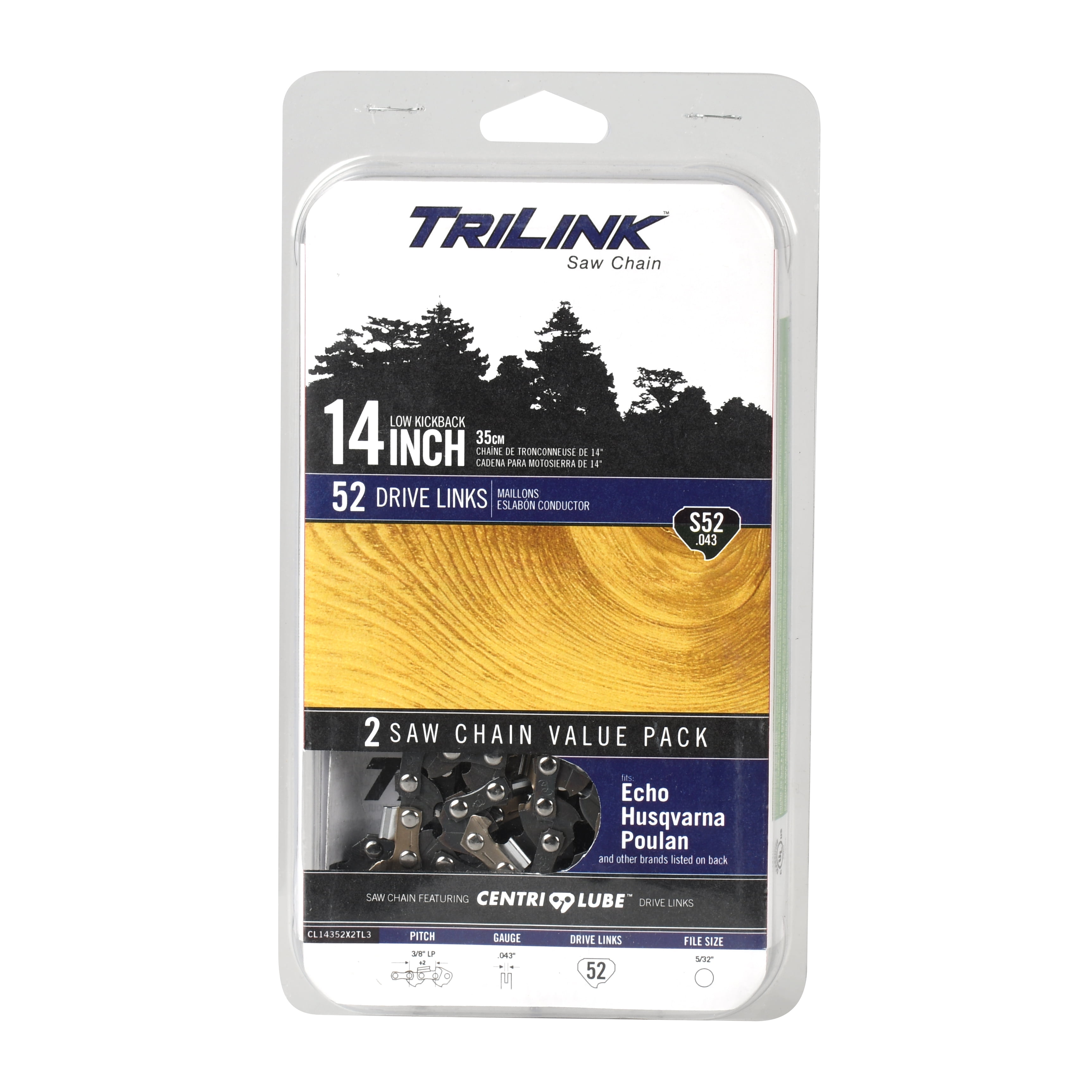 Trilink S52.043 - 14" 2 Pack Replacement Saw Chain; 52 Drive Links; .043" Gauge
