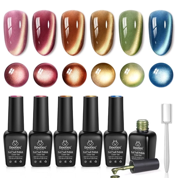 Beetles Golden Mirage Cat Eye Gel Nail Polish Set, 6 Colors Fall Gel | Glitter Gel Nail Polish Kit Pink Red Green Blue Brown Magnetic Shine Soak Off UV Salon DIY Manicure Gift for Women