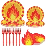 125 Pcs Fire Party Supplies Decoration Include 50 9 and 7 Inches Paper Fire Plates 50 Disposable Flame Cocktail Napkins 25 Red Plastic Forks for Firefighter Fireman Party Tableware Supplies