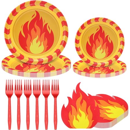 125 Pcs Fire Party Supplies Decoration Include 50 9 and 7 Inches Paper Fire Plates 50 Disposable Flame Cocktail Napkins 25 Red Plastic Forks for Firefighter Fireman Party Tableware Supplies
