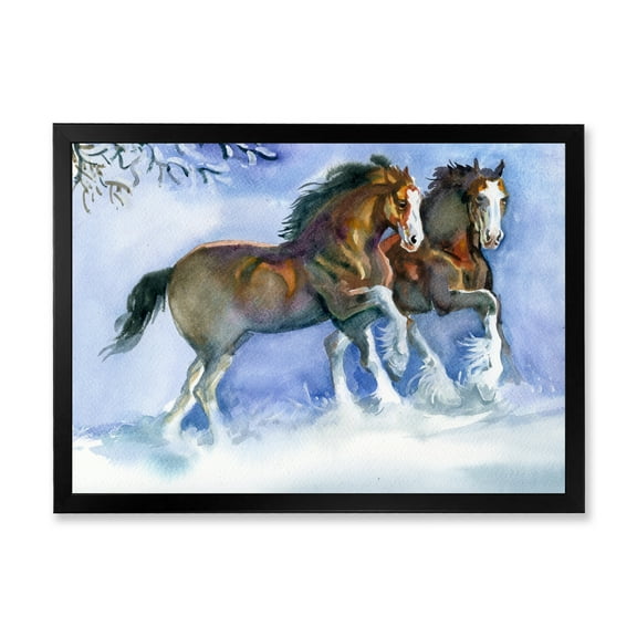 Designart 'Horses Running In Winter On Blue' Farmhouse Framed Art Print